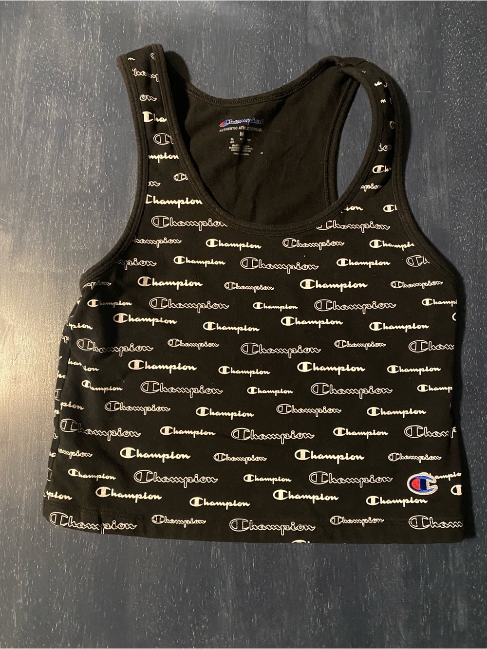 Champion Black Allover Logo Racerback Crop Tank